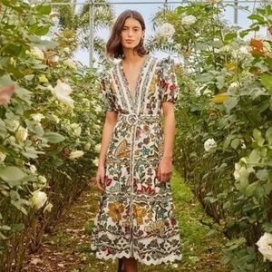 Unworn Farm Rio Sweet Botanicals Floral V Neck Midi Dress in Off White